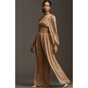 Anthropologie Tan One-Shoulder Jumpsuit